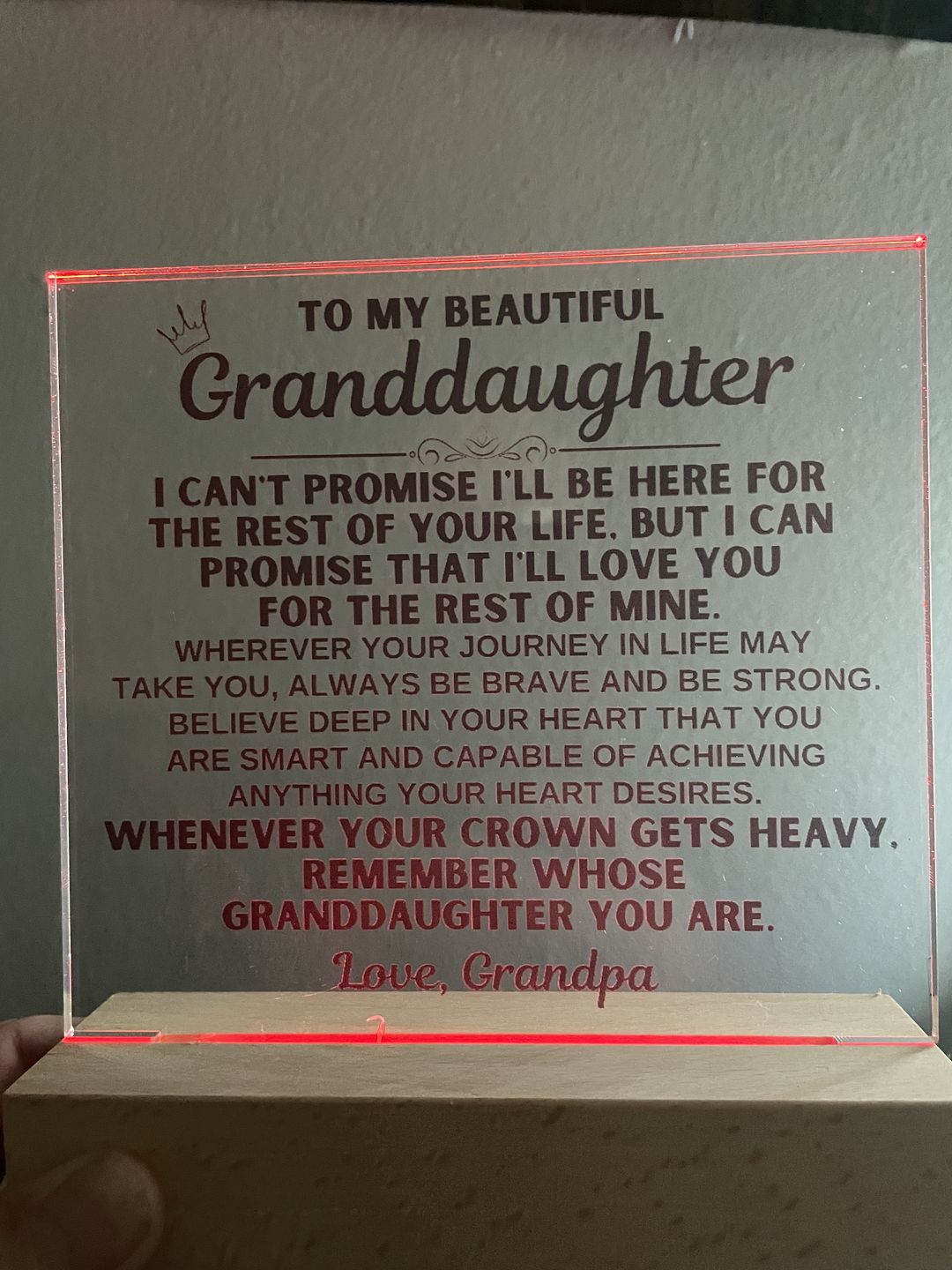 Customer photo review of To My Granddaughter - Love Grandpa - LED-Lit Acrylic Plaque - AC26