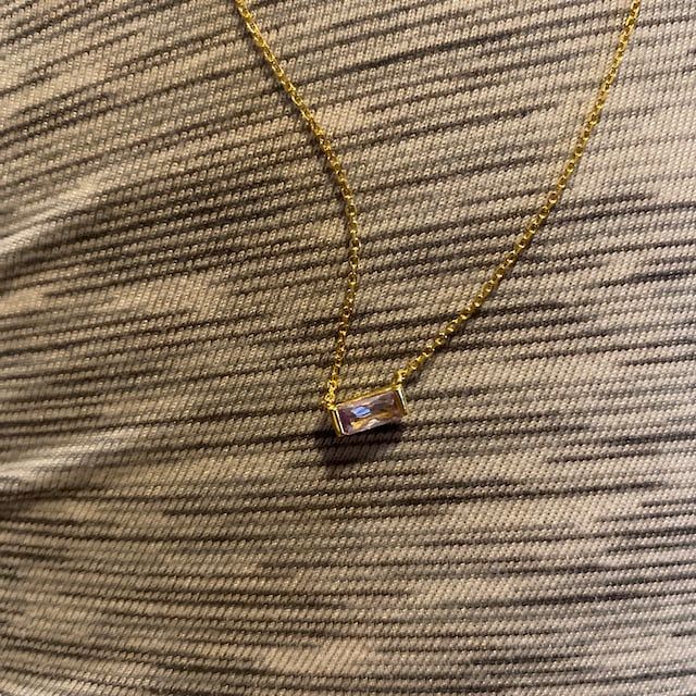 Customer photo review of Dainty Baguette Birthstone Necklace