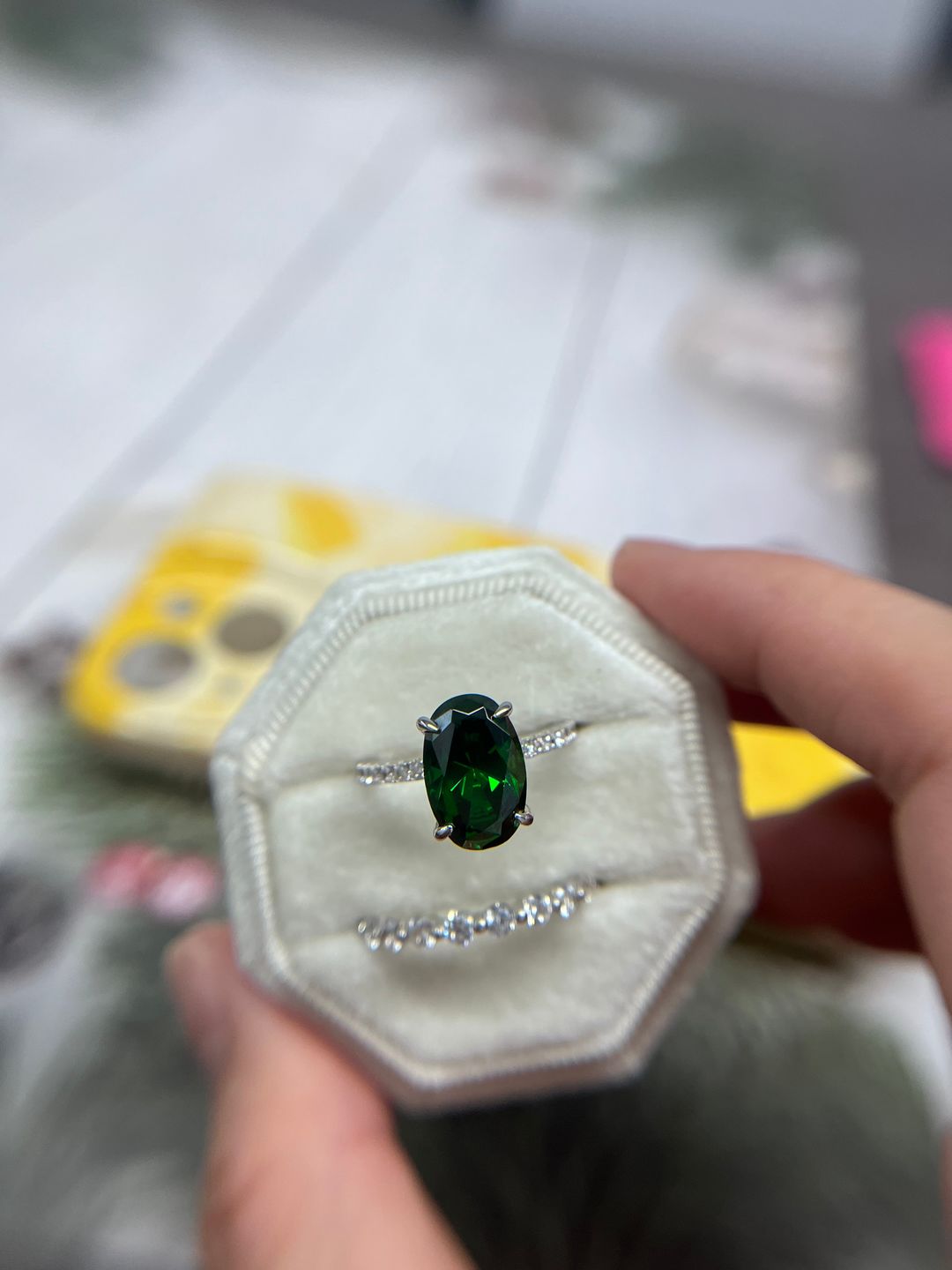 Customer photo review of Louily Classic Oval Cut Emerald Green Simulated Diamond Engagement Ring In Sterling Silver