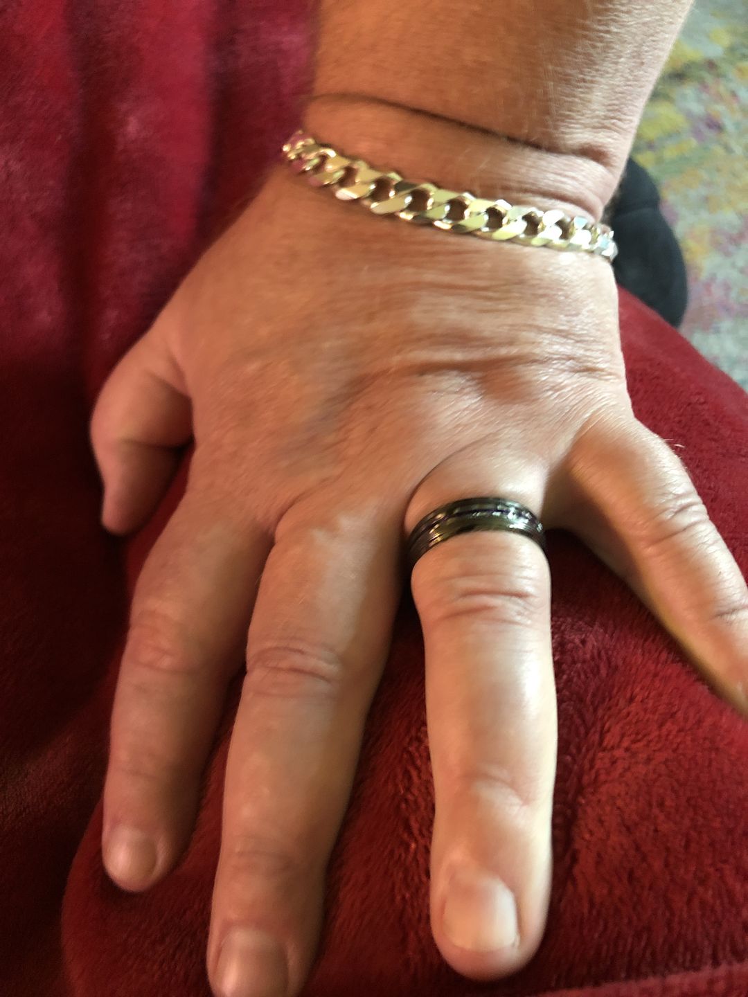 Customer photo review of 8mm - Tungsten Gunmetal wedding Rings, Carbon Fiber W/ Purple Wood Wedding Band