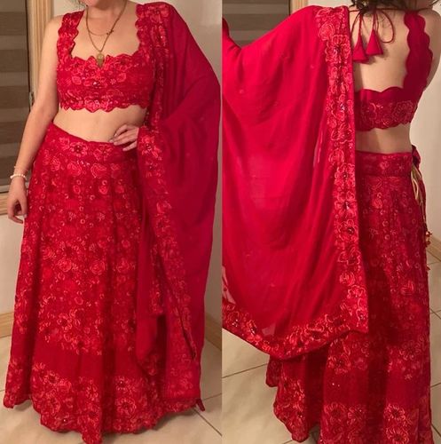 Customer photo review of Red Georgette Premium Designer Embroidery Wedding Wear Lehenga