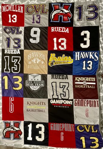 T-shirt quilt featuring knights basketball, hawks by Alma from CA