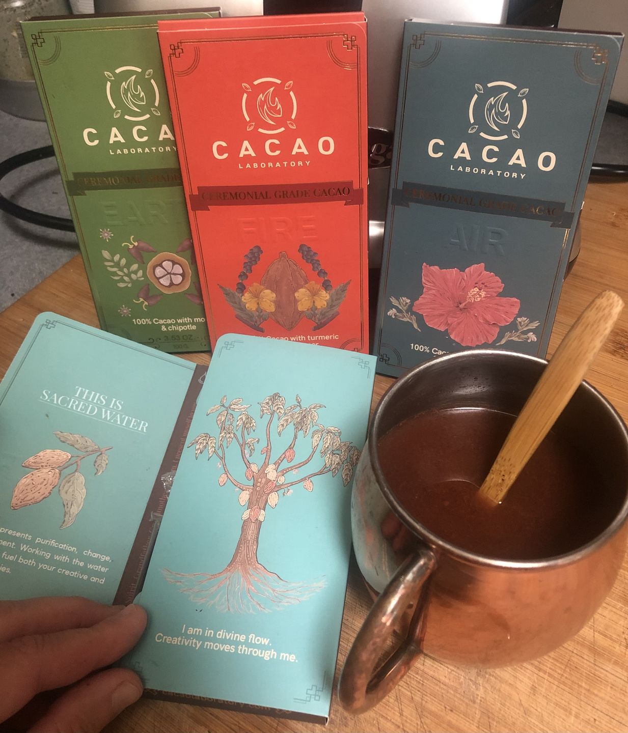 Customer photo review of Four Sacred Element Cacao Blends Variety Box (4 bars – 3.5 oz each)