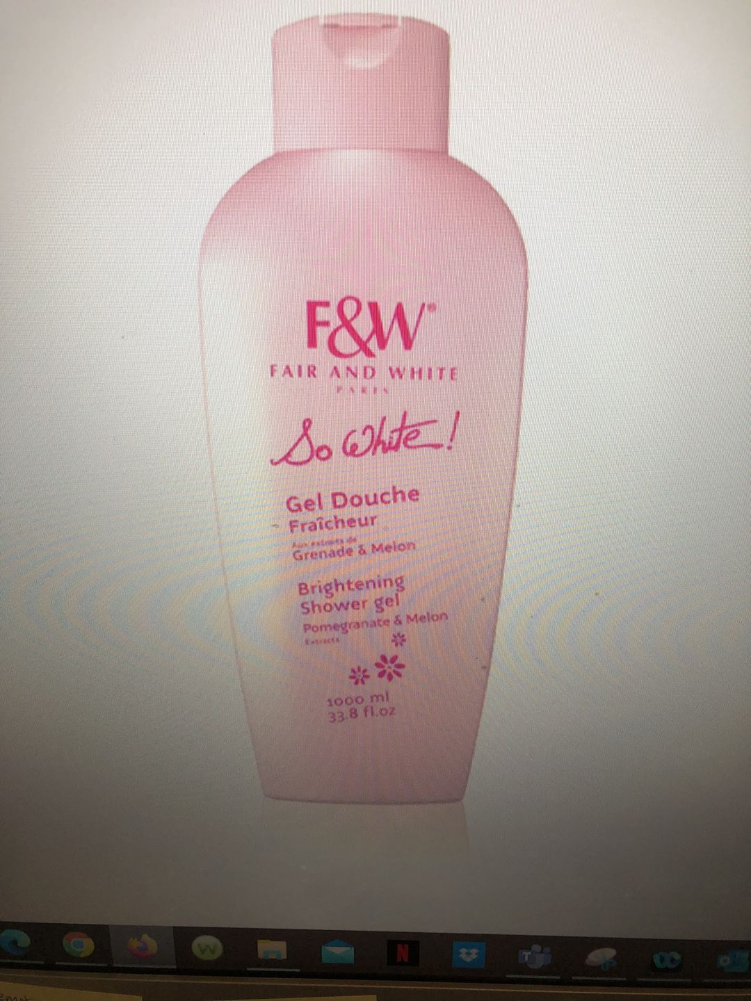 Customer photo review of Fair and White So White! Refreshing Shower Gel With Pomegranate And Melon Extracts (Jumbo-1000ml / 33.81 fl oz)