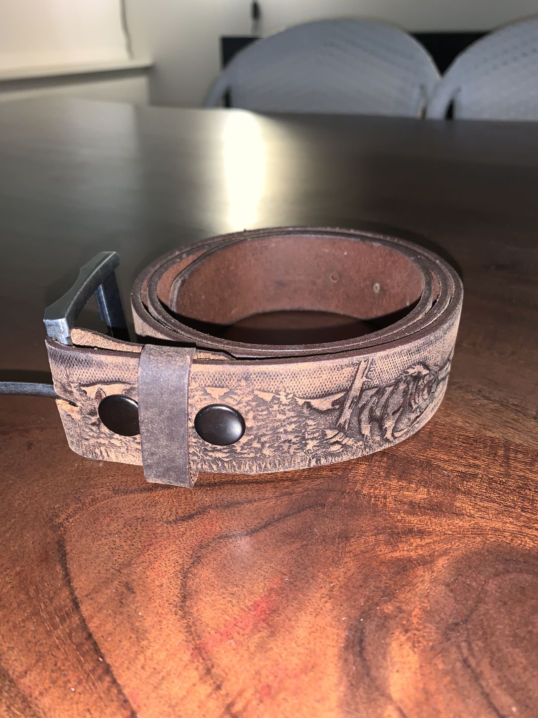 Customer photo review of The Wildlife Belt - Cognac Embossed Full Grain Leather Belt Made in Canada