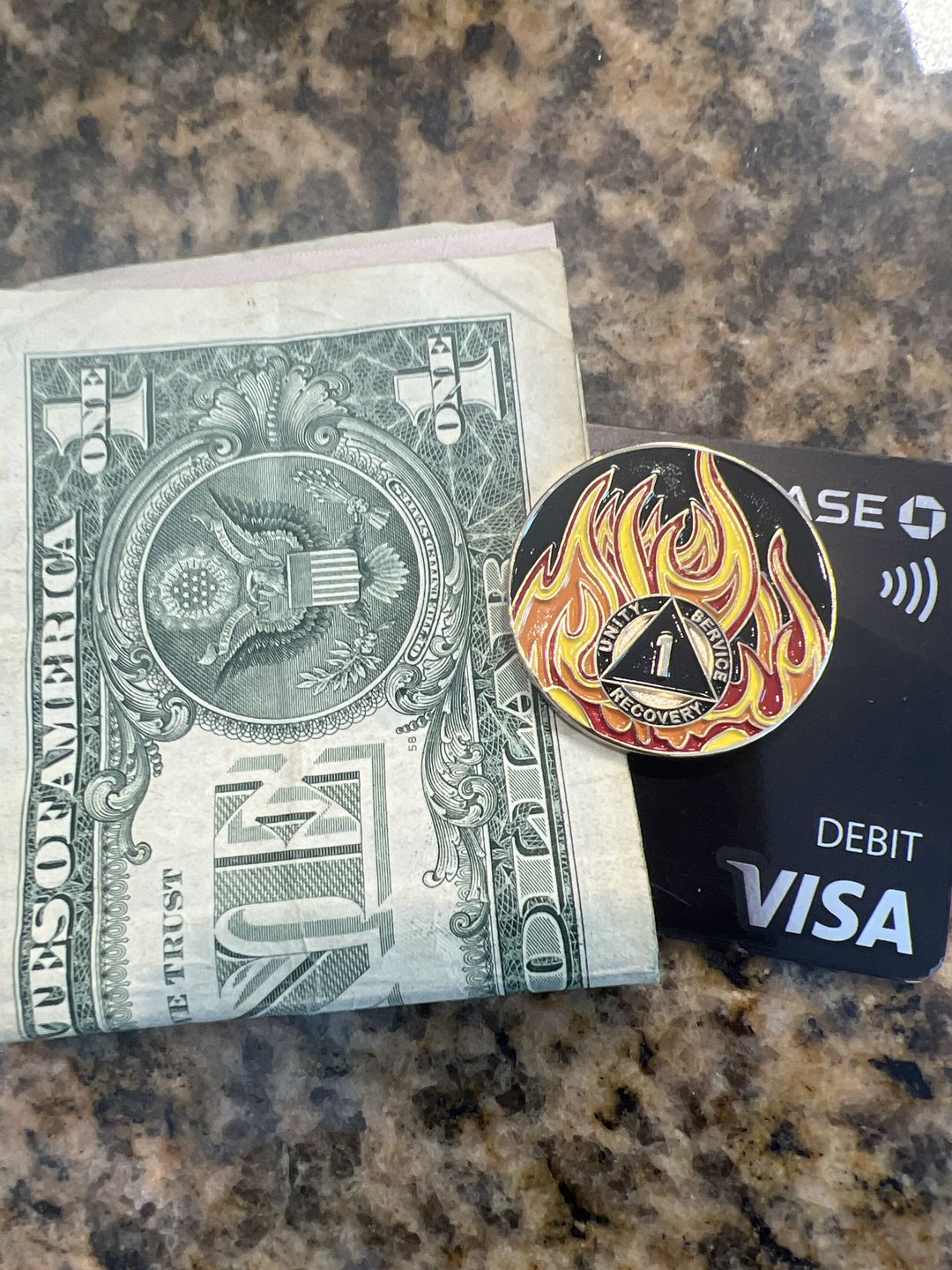Customer photo review of 1 Year Sobriety Mint Twisted Flames Gold Plated AA Recovery Medallion/Chip/Coin - Black/Red/Orange/Yellow