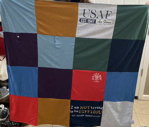 T-shirt quilt with military, aviation themes by Sierra from CA