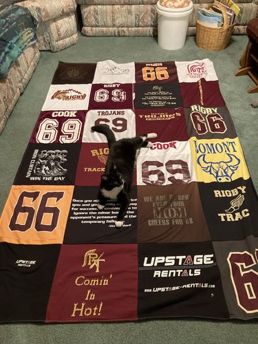 T-shirt quilt featuring trojans, rigby track team by Tamara from ID