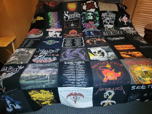 T-shirt quilt with rock music, heavy metal themes by Karen from OH
