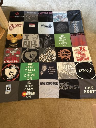 T-shirt quilt with music, popular culture themes by Catherine from TN