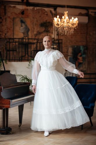 Customer photo review of Modest Lace Wedding Dress - Long Sleeve Victorian Bridal Dress -  Gunne Sax Inspired Plus Size