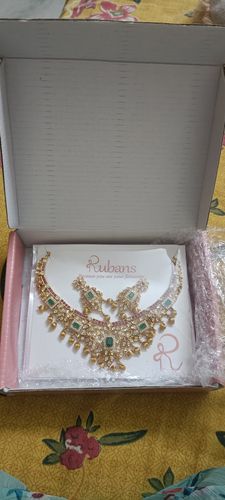 Customer photo review of Rubans 22K Gold Plated Handcrafted Faux Ruby Stone with Gold Beads Traditional Necklace Set