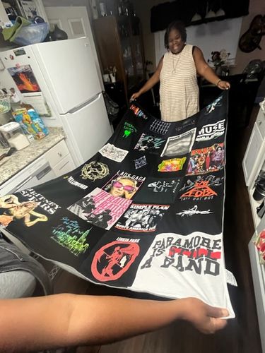 T-shirt quilt with music, band culture themes by Bethanie from CA