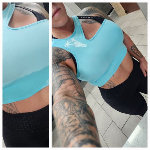 Customer photo review of Salty Savage Ladies "Rock On" Asymmetrical Crop Tank | Tiffany Blue
