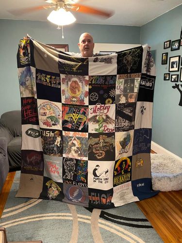 T-shirt quilt with rock music, music festivals themes by Craig from CT