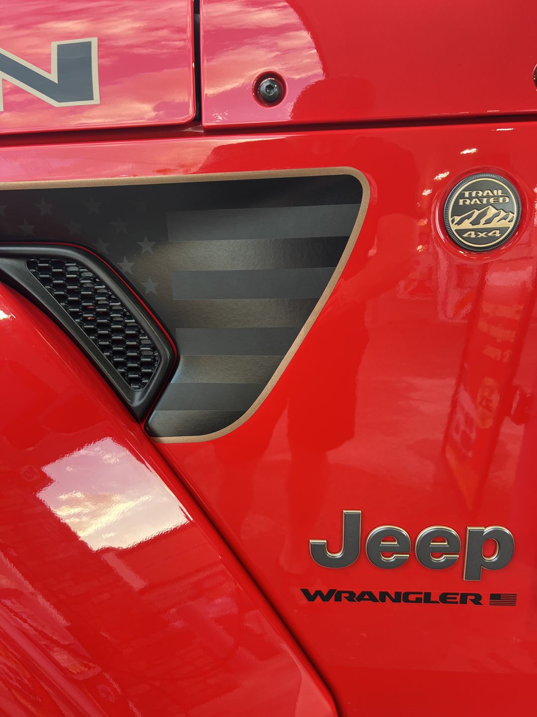 Customer photo review of Black on Black American Flag Fender Vent Premium Wrap Decal for Wrangler JL and Gladiator