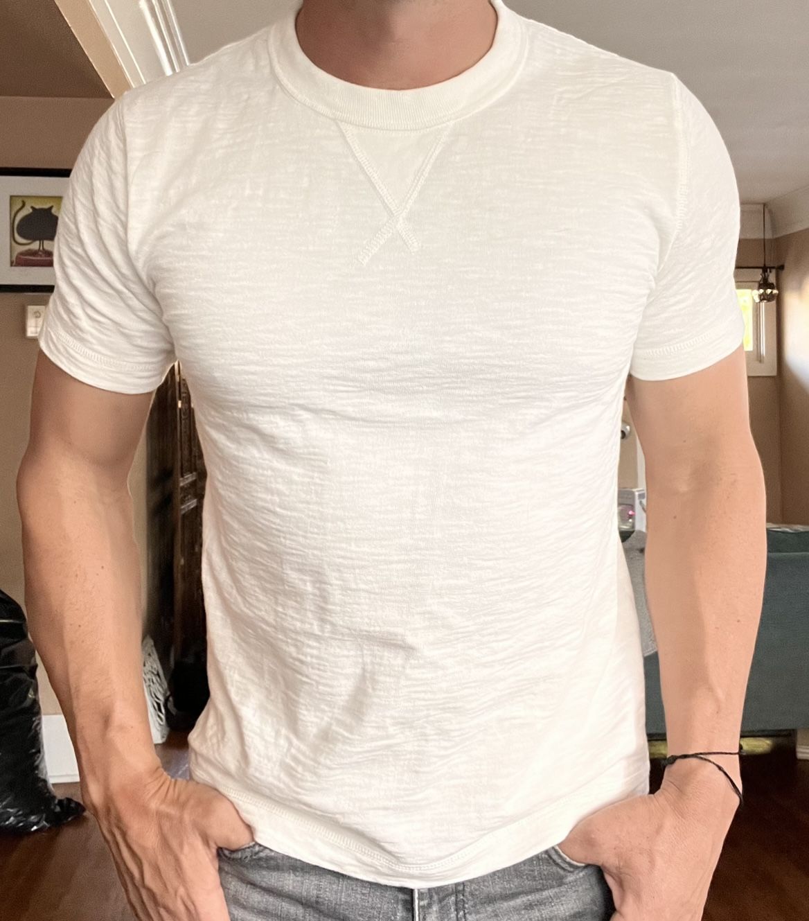 Customer photo review of 10.5 oz Cotton Tubular Gusset T-Shirt - White
