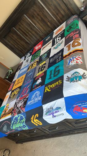 T-shirt quilt with sports, team activities themes by Jessica from AK