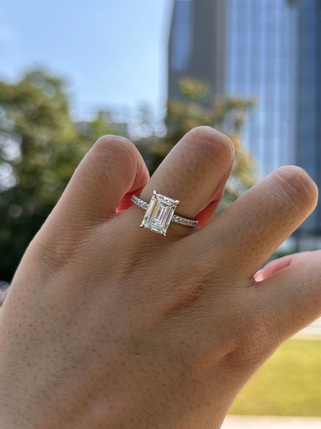 Customer photo review of Louily Classic Emerald Cut Engagement Ring In Sterling Silver