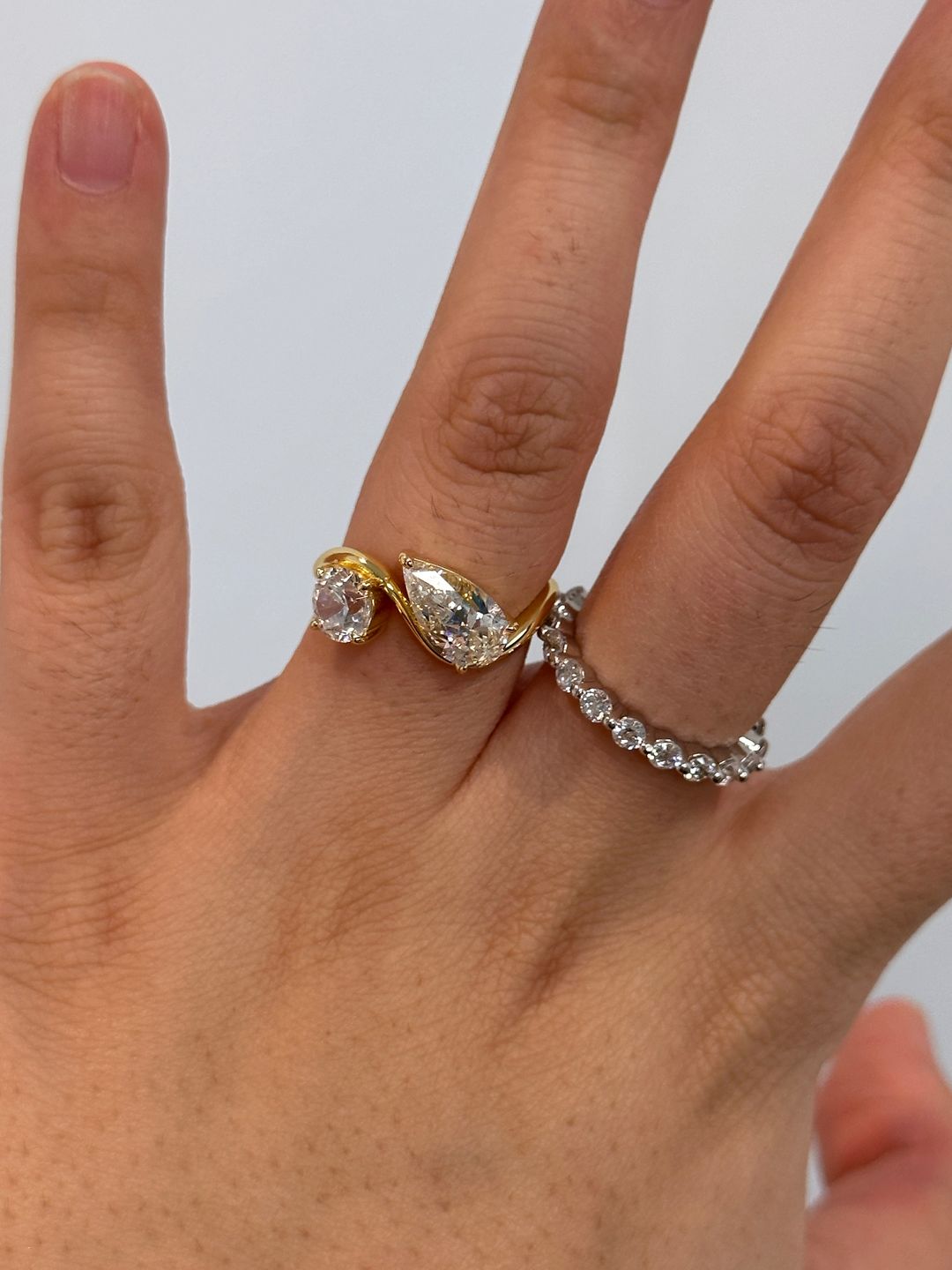 Customer photo review of Louily Unique Double Stones Design Pear & Round Cut Engagement Ring In Sterling Silver