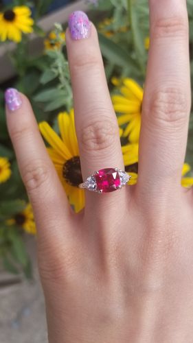 Customer photo review of 3-Stone 3ct Simulated Ruby Cushion CZ Ring in Sterling Silver