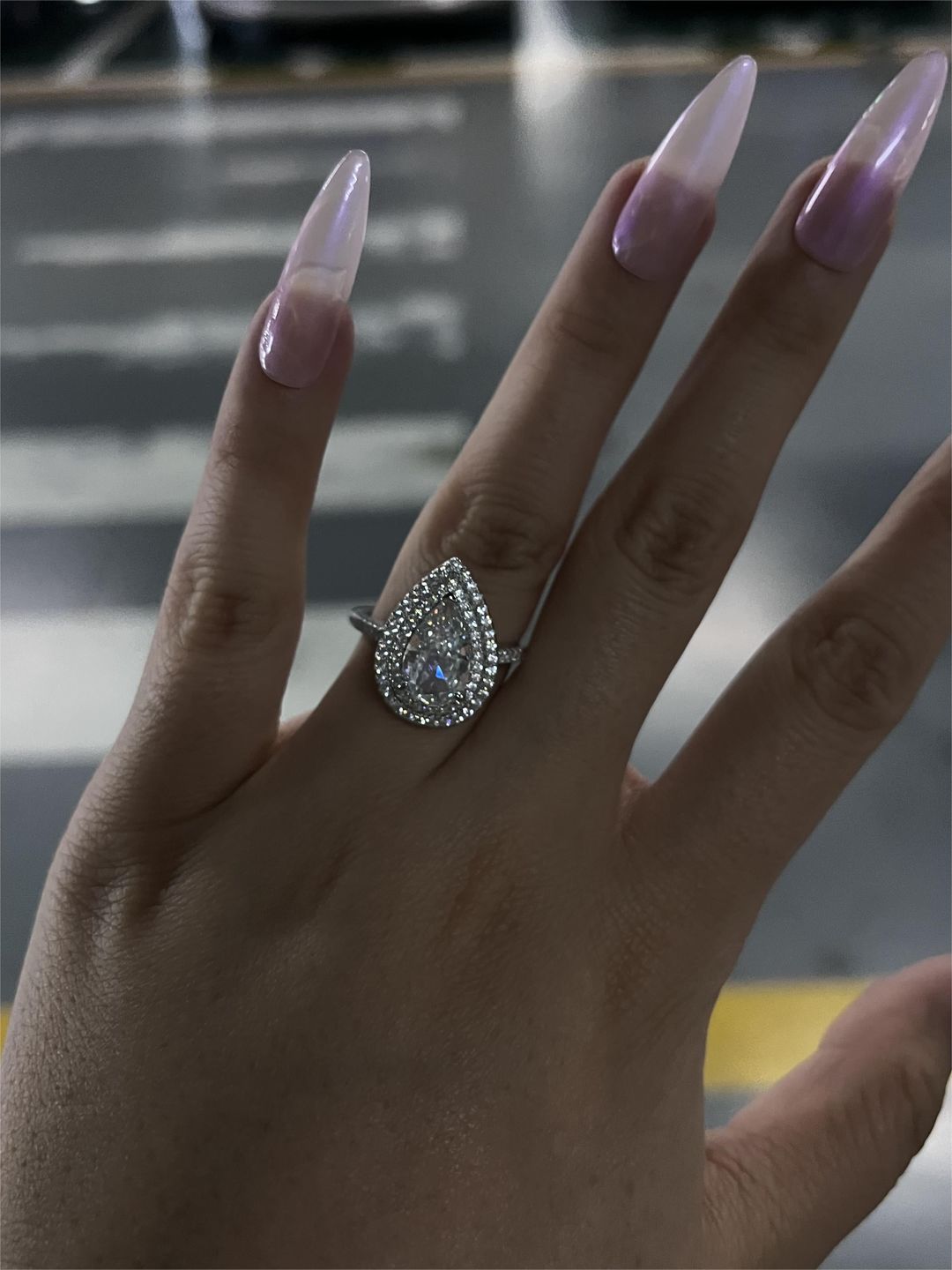Customer photo review of Louily Double Halo Pear Cut Engagement Ring In Sterling Silver