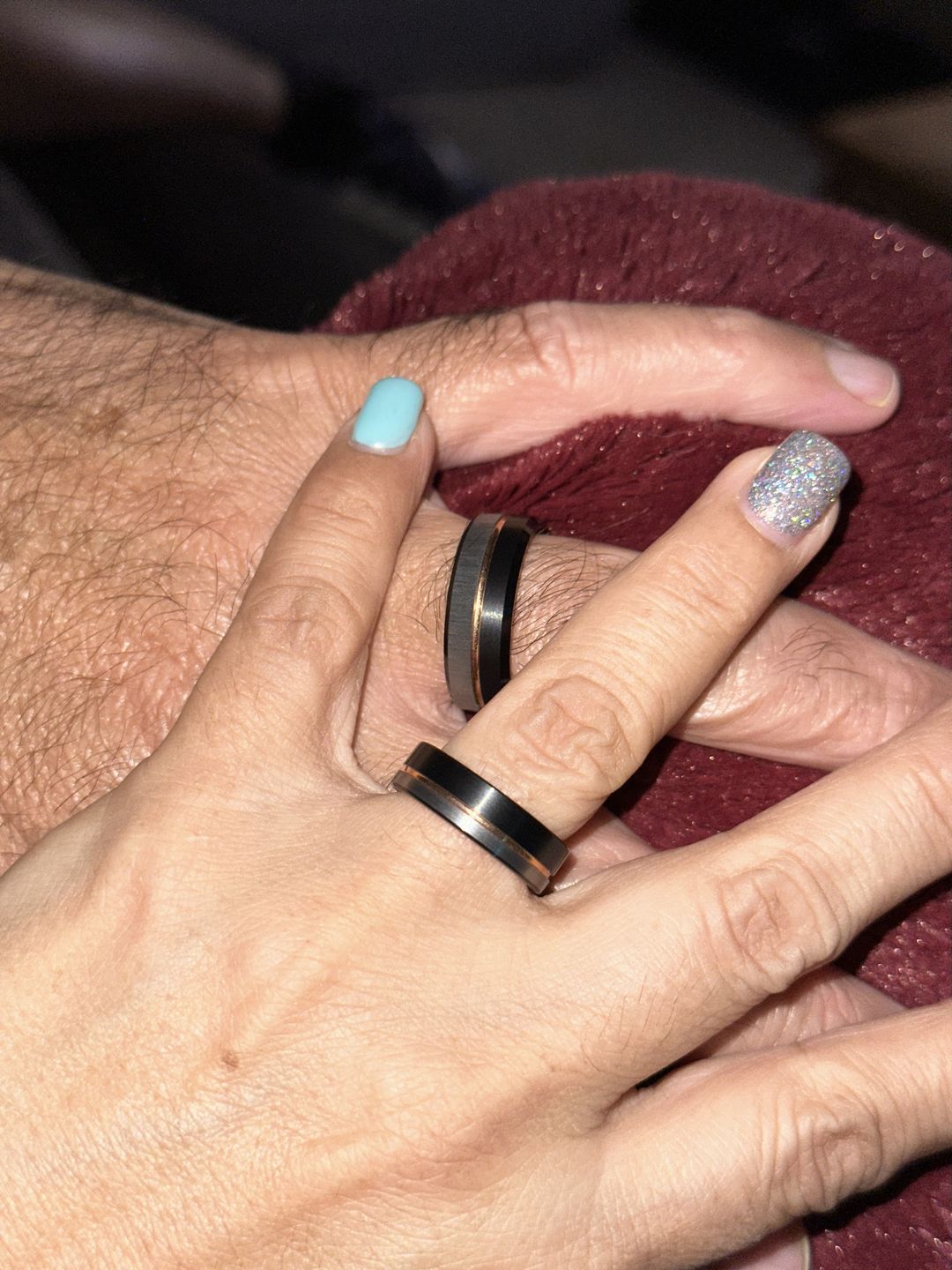 Customer photo review of 8MM - Black & Rose Gold Tungsten Ring Matte Finish Brushed Laser Horizontal Grain