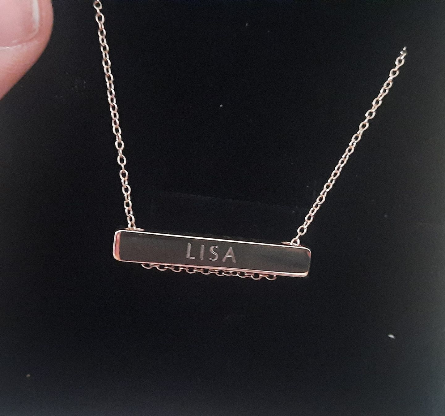 Customer photo review of 3cm Letter Bar Necklace in Rose Gold horizontal