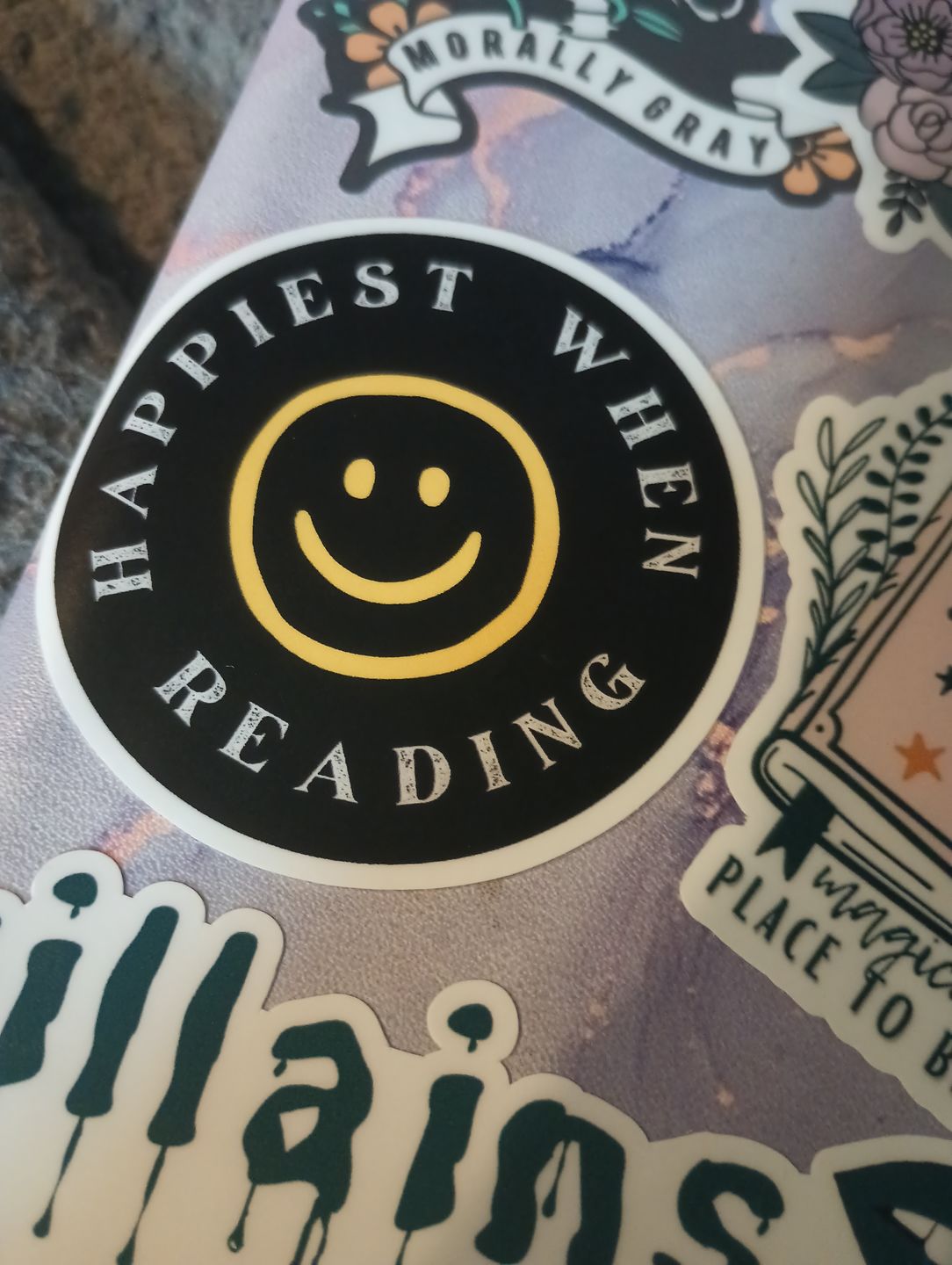 Customer photo review of happiest when reading sticker