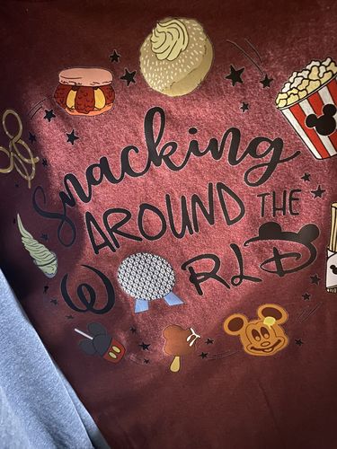 Customer photo review of Snacking Around The World DTF Heat Transfer, Disney Vacation Design, Mickey Minnie DTF
