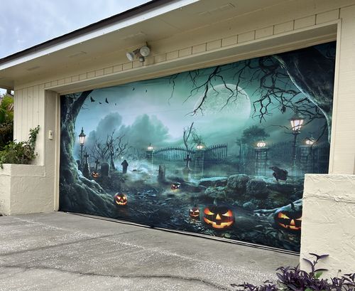 Customer photo review of Lanterns In Graveyard In The Spooky Night Halloween Garage Door Cover Banner Backdrop