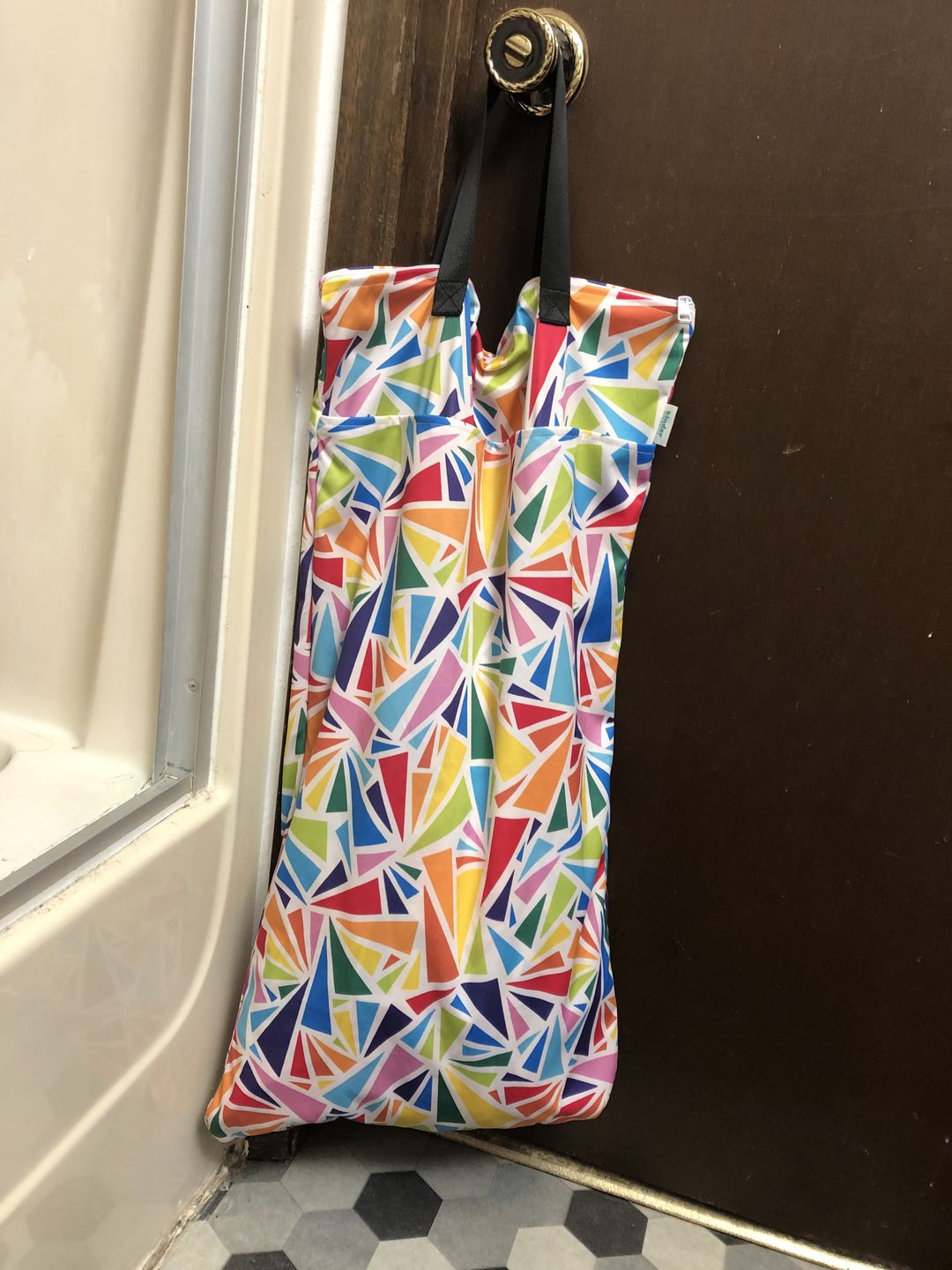Customer photo review of Patterned Large Zipper Hanging Wet Bag, Laundry Bag with Handles