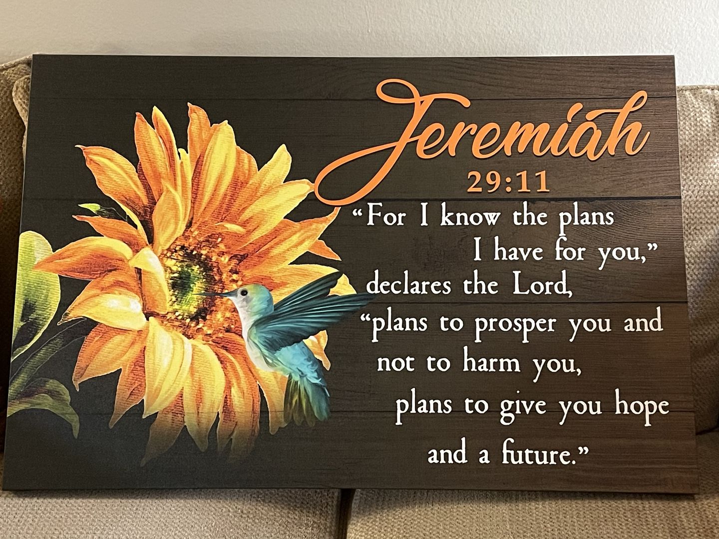 Customer photo review of Jeremiah 29:11 for I Know the Plans I Have for You, Hummingbird Sunflower, Wall Art Canvas