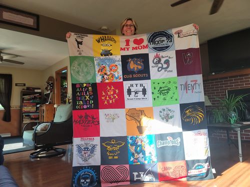T-shirt quilt with scouting, camping themes by Wendy from WI