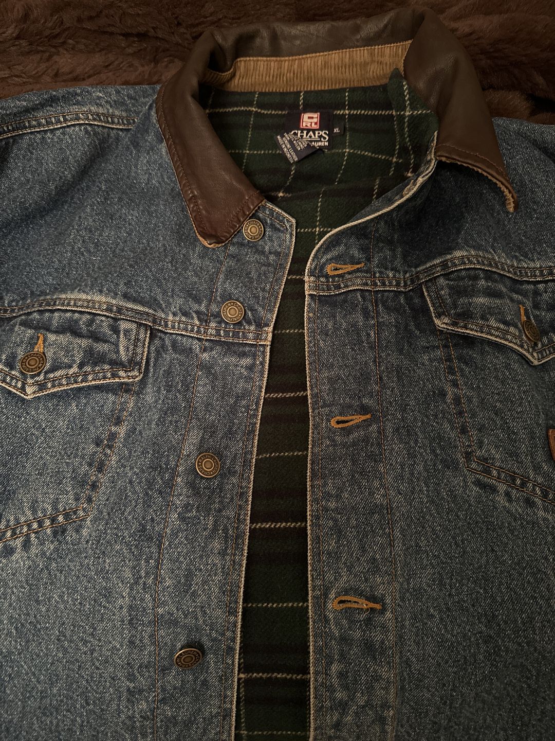 Customer photo review of 90's Chaps Ralph Lauren Denim Plaid Lined Leather Collar Vintage Jacket Size L-XL