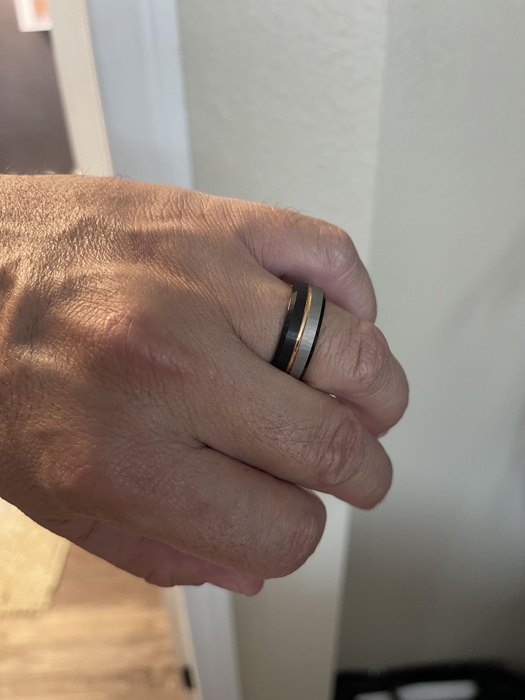 Customer photo review of 8MM - Black & Rose Gold Tungsten Ring Matte Finish Brushed Laser Horizontal Grain