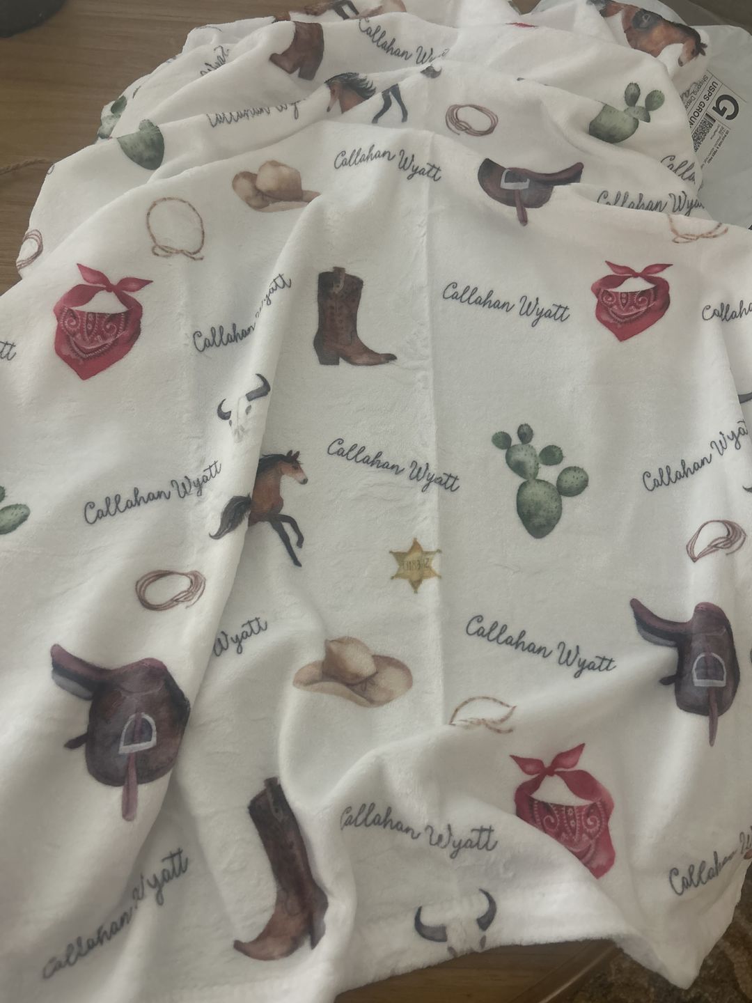 Customer photo review of Western cowboys personalized baby boy blanket