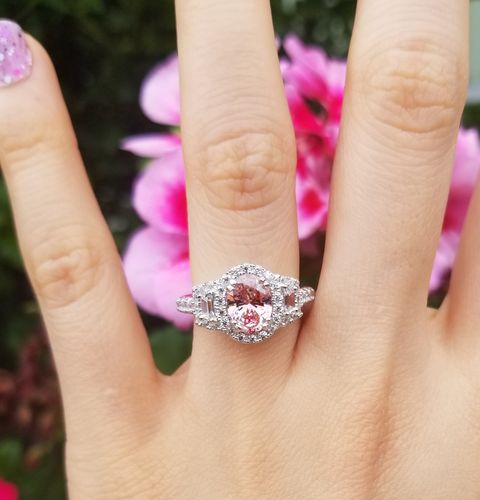 Customer photo review of 3-Stone Halo Morganite Color Oval CZ Ring in Sterling Silver