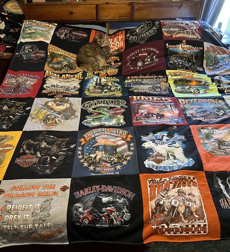 T-shirt quilt with motorcycling, traveling themes by Suzanne from FL