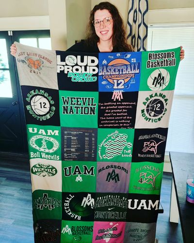 T-shirt quilt featuring blossoms basketball, boll weevils basketball by Jessica from AR