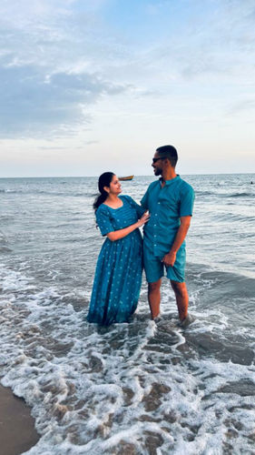 Customer photo review of Deep Blue Handloom Waves and Triangles Maxi Dress