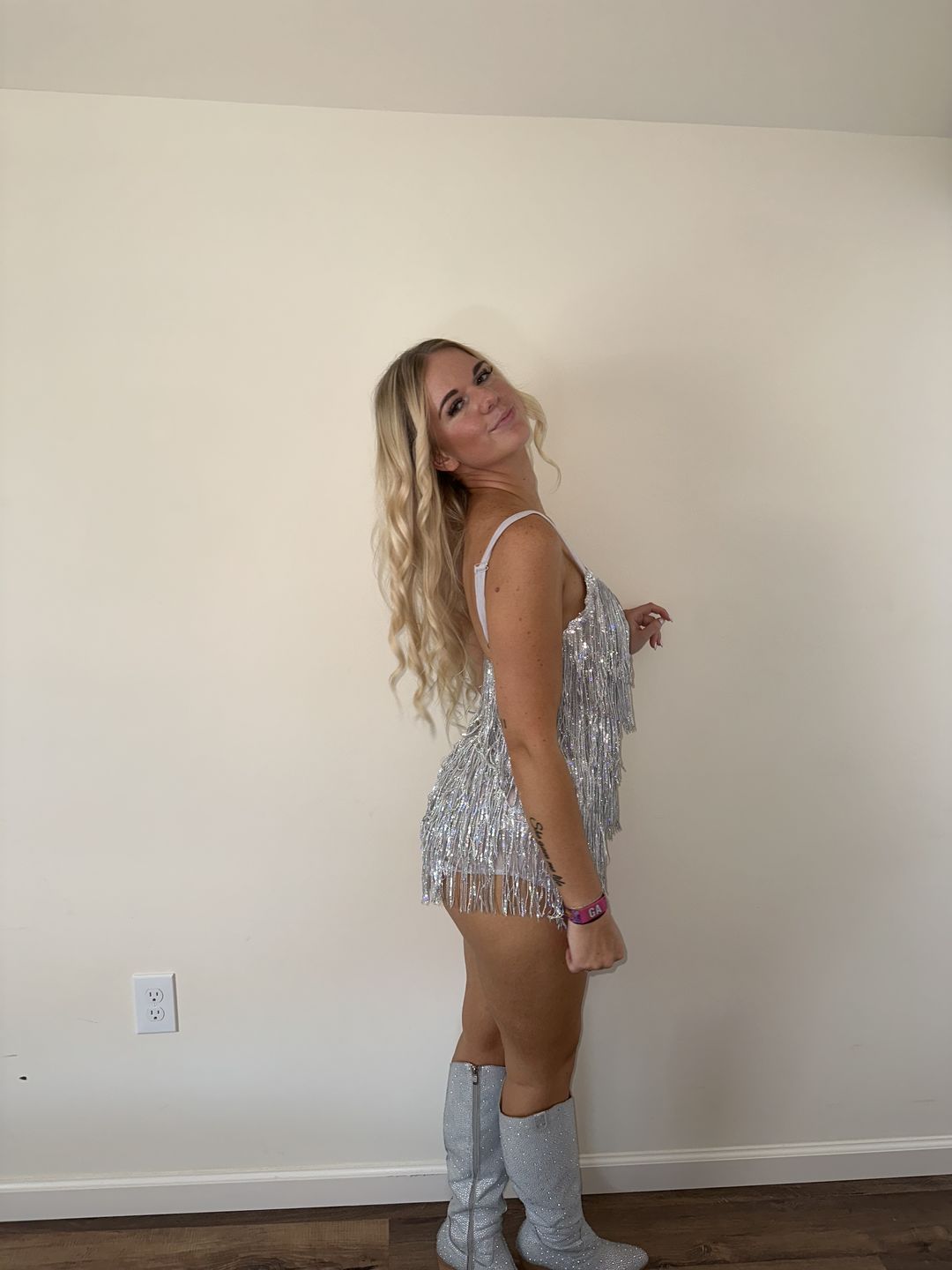 Customer photo review of Shake It My Way Short Fringe Mini Dress
