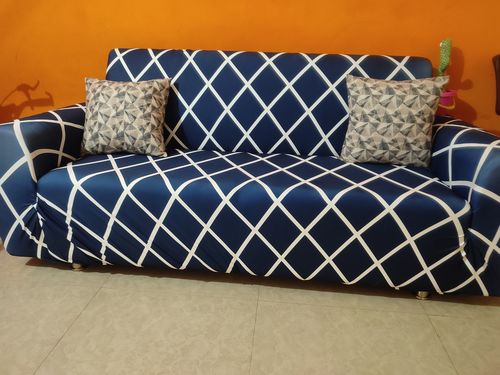 Customer photo review of Navy Blue Checks Elastic Sofa Slipcovers