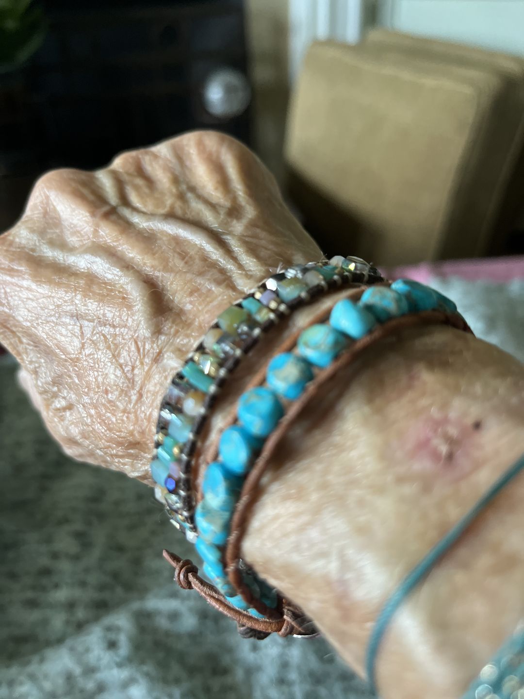 Customer photo review of Turquoise Jasper Single Row Bead Wrap Bracelet
