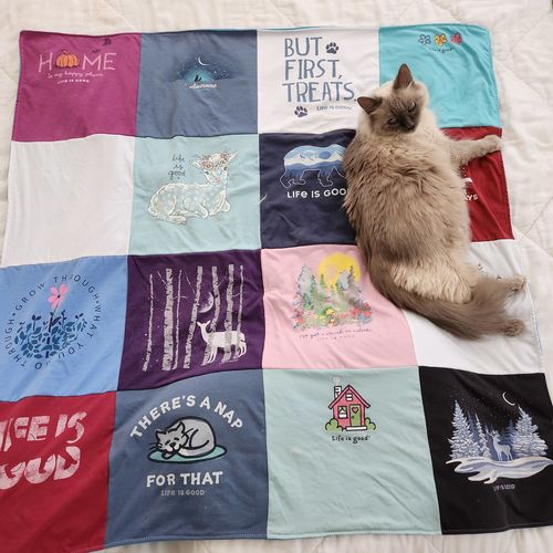 T-shirt quilt with pets, nature themes by Julia from CA