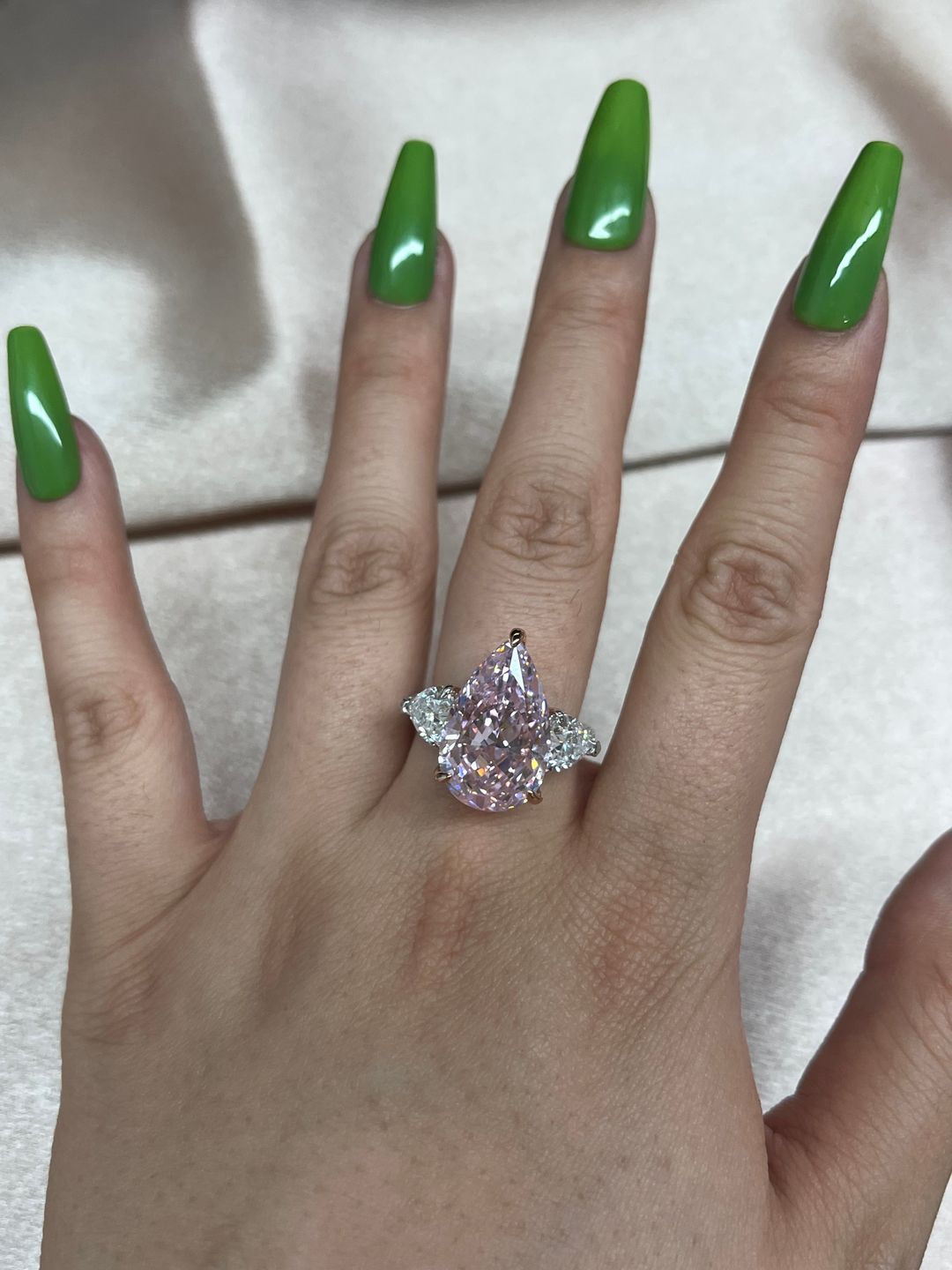 Customer photo review of S925 Stunning Pear Cut Yellow/Pink Sapphire Three Stone Engagement Ring