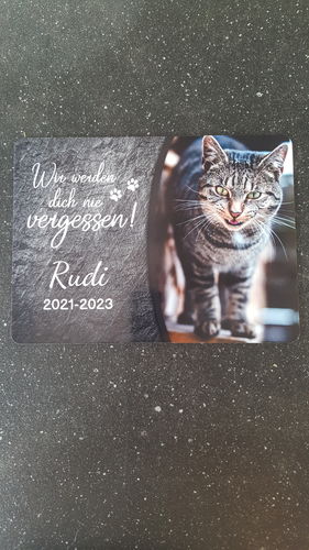 Customer photo review of Katzen Gedenktafel mit Foto & Spruch (UV- und wetterbeständig)