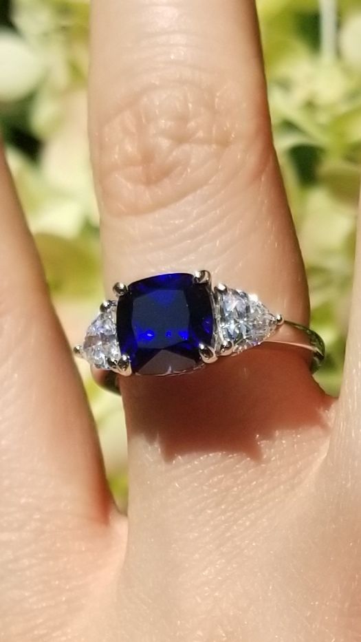 Customer photo review of 3-Stone 3ct Simulated Blue Sapphire CZ Ring in Sterling Silver