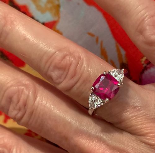 Customer photo review of 3-Stone 3ct Simulated Ruby Cushion CZ Ring in Sterling Silver