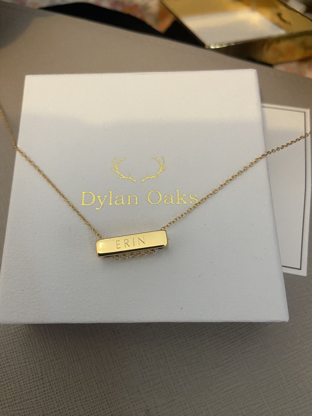 Customer photo review of 2cm Letter Bar Necklace Gold Horizontal